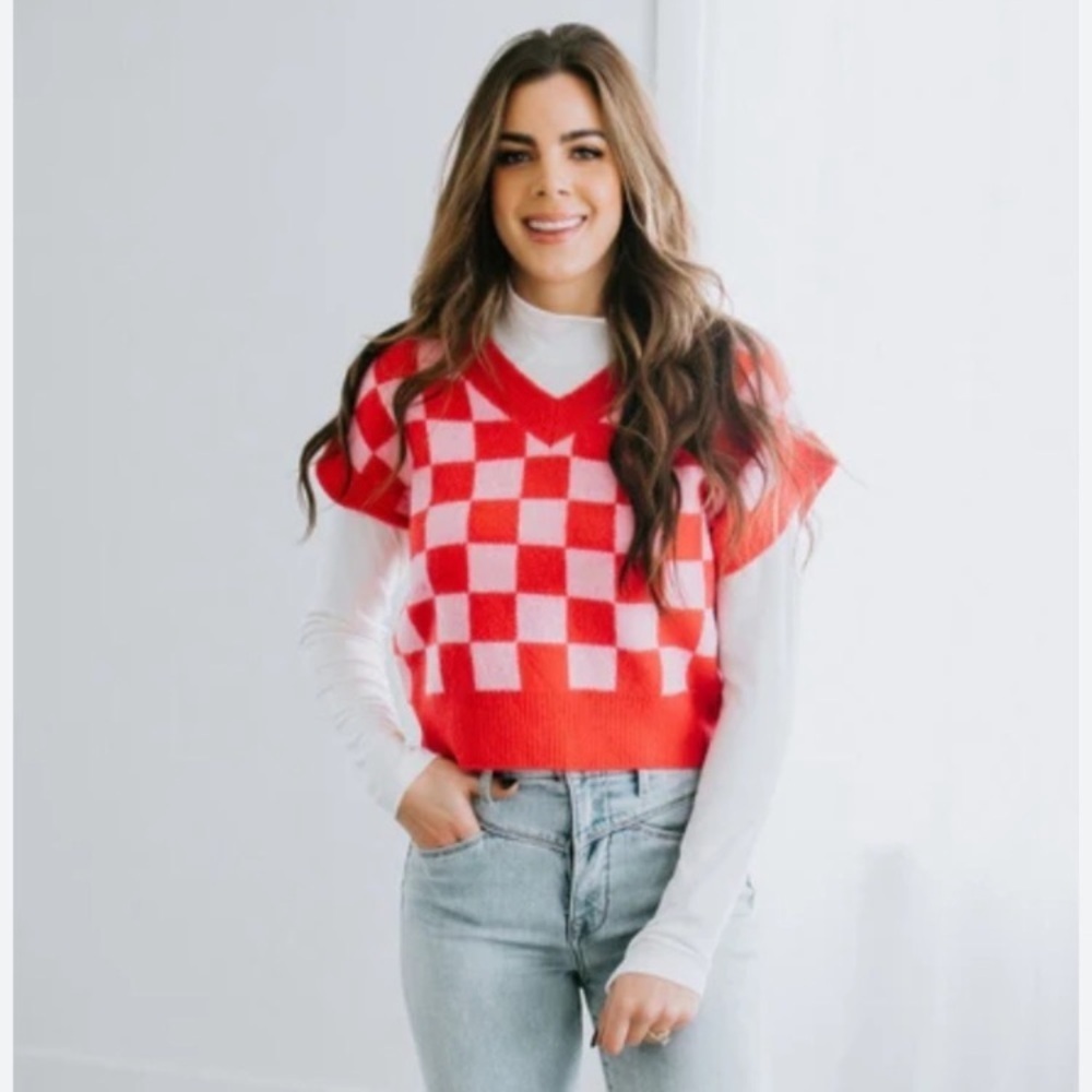 First Love Pink and White Checkered V-Neck Sweater